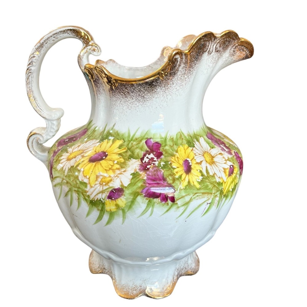 Homer Laughlin Antique Pitcher 11"H-10"W Floral Yellow Purple Daisy Gold Trim